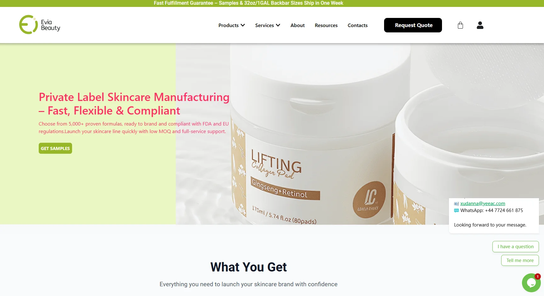 Evia Beauty offers private label skincare manufacturing with fast, flexible, and compliant options. Product containers displayed.